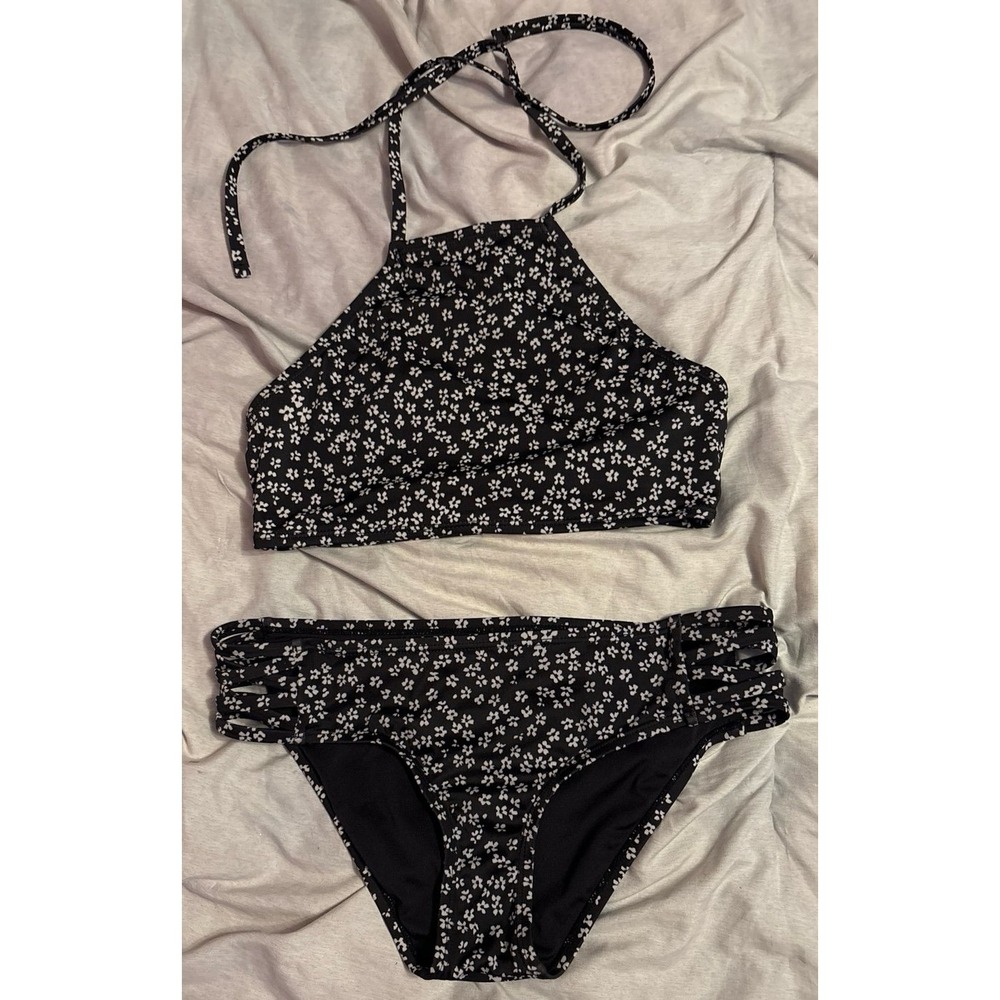 Aeropostale Black & White Floral Halter Strappy‎ Hipster Bikini, Small